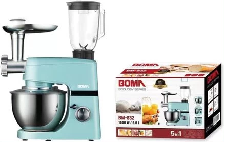 Boma 6Litre 5 IN 1 Stand Mixer 16000W Tilt-Head Multifunctional Electric Mixer with Stainless Steel Bowl, Beater, Hook, Whisk, Meat Grinder, Juice Blender with Glass Jar Dishwasher Safe – Blue image