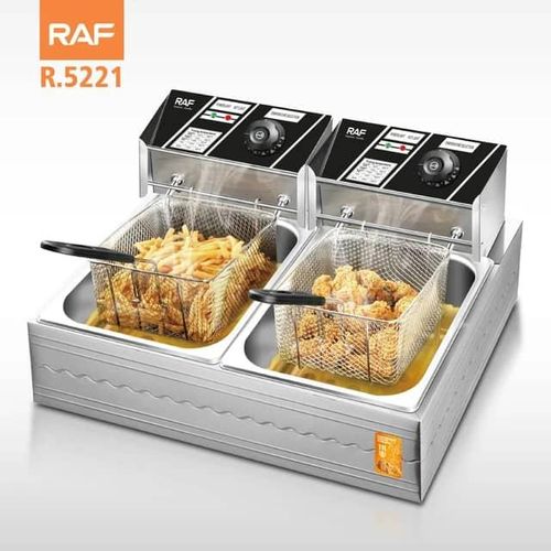 RAF 11 Litre Automatic Commercial 5.5L+5.5L Double 2 Basket Stainless Steel Electric Deep Fryer Countertop Frying Pan For Chicken Chips French Fries Home Kitchen Restaurant Food Cooker- Silver image