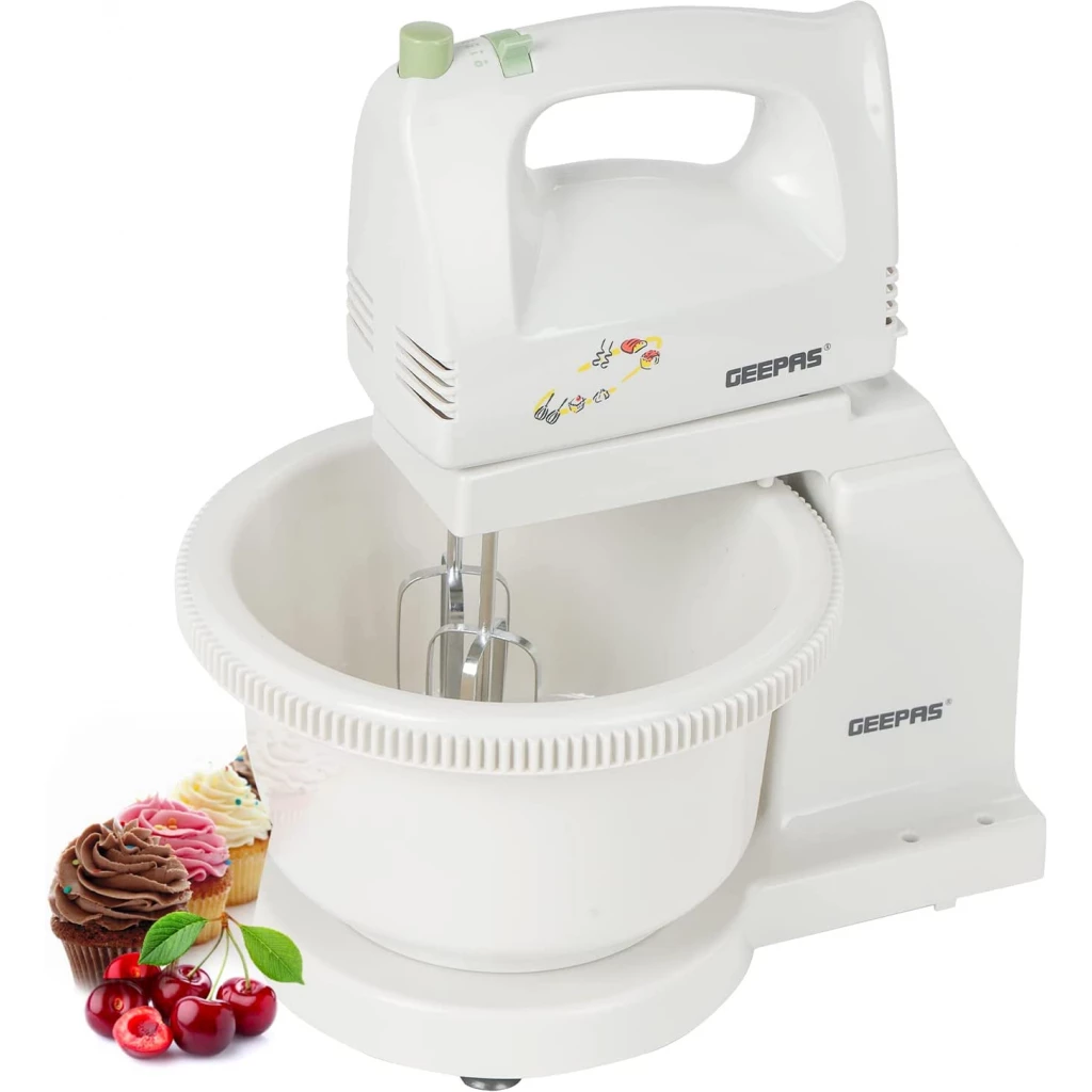 Geepas Hand Mixer w/ Stand and Rotating Bowl, 5 Speed, 250W | GHB2002 image