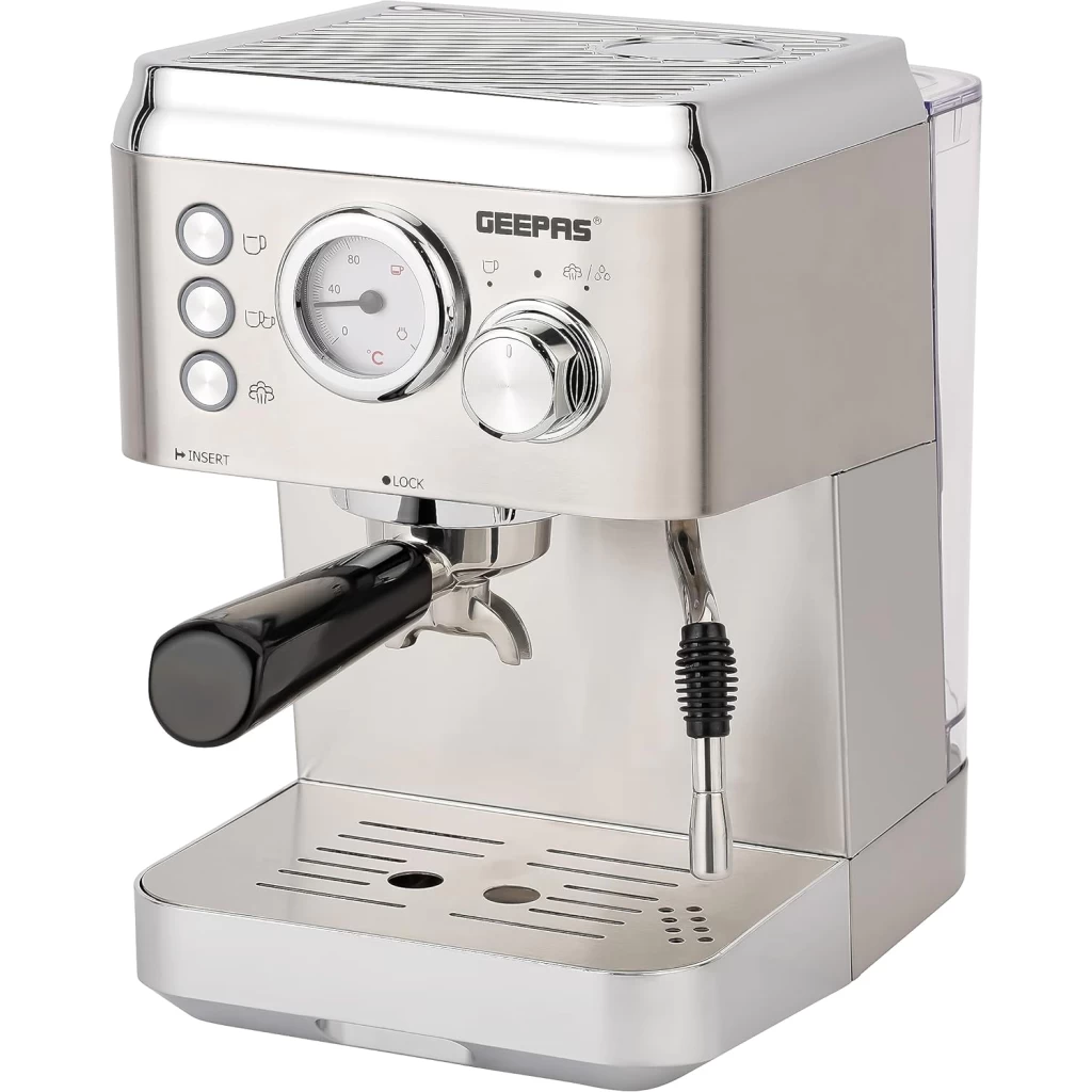 Geepas 20 Bar Espresso and Cappuccino Coffee Machine- GCM1523SS | Die-Cast Aluminum Boiler and 1.8 L Detachable Water Tank| Makes Cappuccino, Lattes, Espresso image