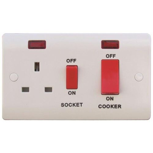 Sline 1 Gang 45a Double Pole Appliance Cooker Switch & Socket With Neon 12 Years Guarantee - White image